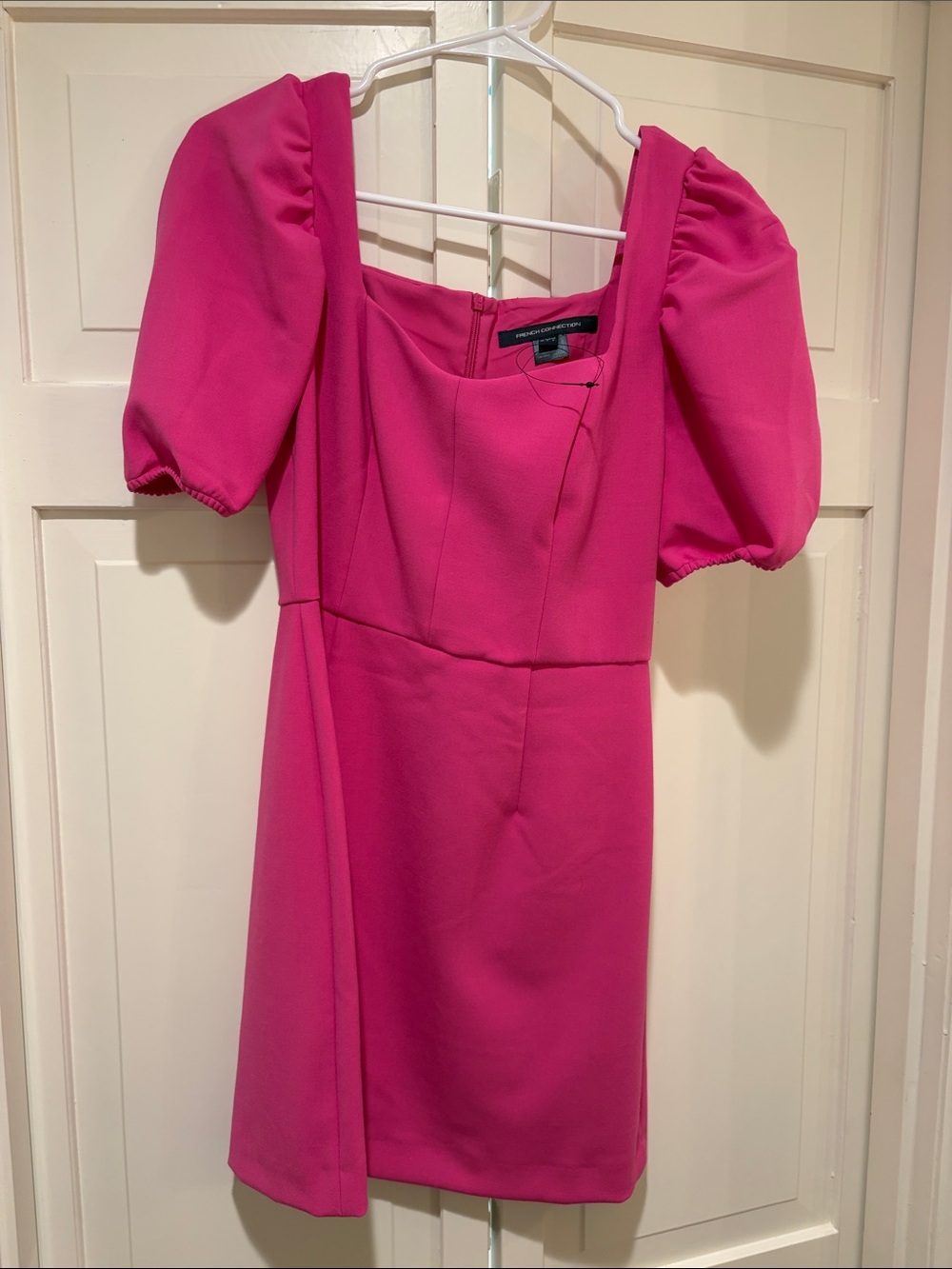 French Connection puff Sleeve Hot Pink Square-Neck Dress